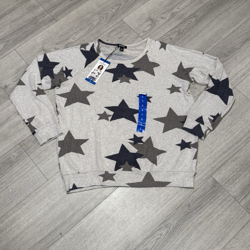 NWT Buffalo David Bitton Gray w/Multicolor Stars Super Soft Sweater - SZ LG